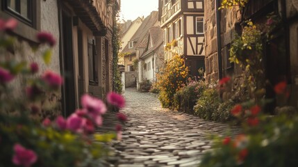 Fototapeta premium Cobblestone street in a charming European village, lined with historic half-timbered houses and vibrant flowers.