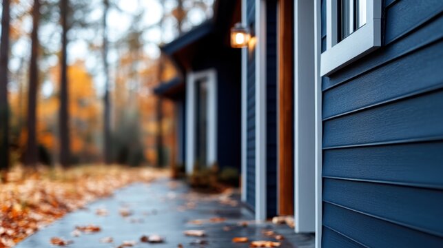 A leaf-covered pathway leads to a modern house, evoking the warmth and inviting ambiance of autumn, juxtaposing nature's beauty with human craftsmanship.