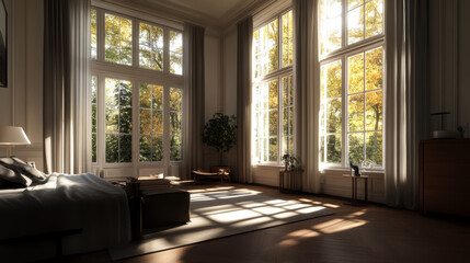 Fototapeta premium Sunlit spacious room with large windows showcasing autumn leaves and a cozy atmosphere