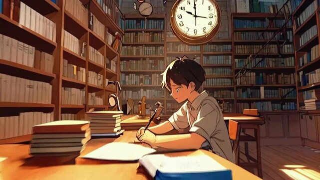 A quiet library scene boy sits at a study desk, shelves of books. The ticking clock and faint whispers provide background ambiance, 4k High-Quality Wallpaper Background Animation Video