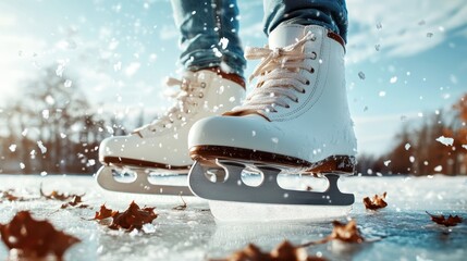 Close-up view of ice skates on a frozen pond, surrounded by fallen leaves and the clear, crisp air of a winter day, capturing the beauty of nature and sport.