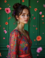 Fototapeta premium beta or alpha type woman, full face and showing her head and torso, wearing a colorful patterned dress, in a room, many flower petals of red blue green pink orange color falling from the air, vivid re