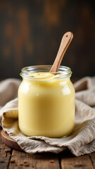 A jar of yellow liquid labeled with a wooden tag sitting on a rustic wooden table.