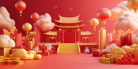 Vibrant 3D illustration of Chinese New Year shopping festival: Ancient city with sky lanterns, fireworks, and golden ingots. Cute cartoon design in minimalist style, featuring gradient red background 