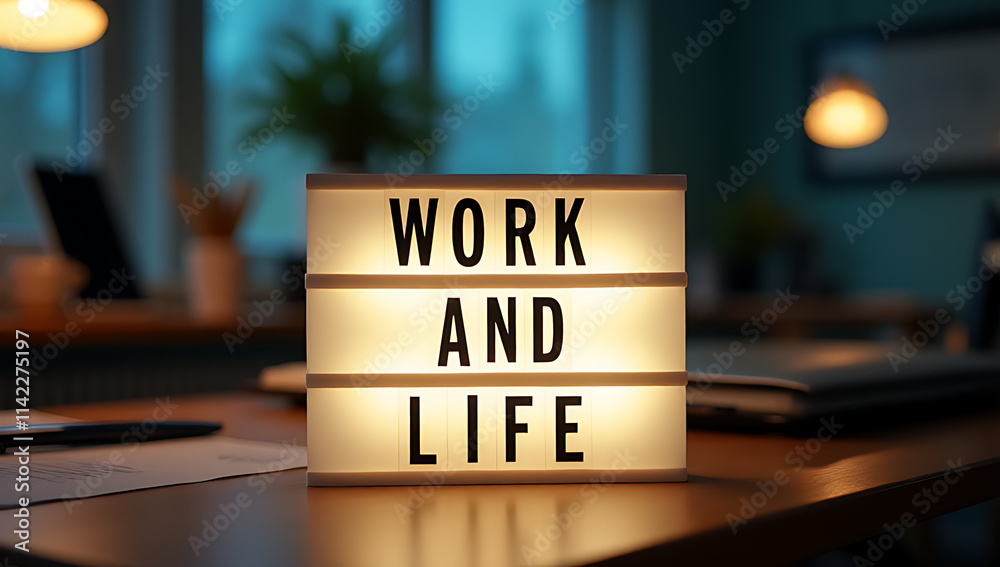 Poster Work and life concepts with text displayed on a light box on a desk table in a home office evoke positive emotions towards success._00003_