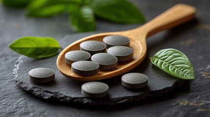 Dark gray pills in wooden spoon on dark stone with fresh leaves.