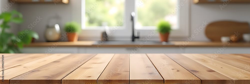Aufkleber Wooden tabletop with blurred kitchen background suitable for product display or creating a key visual layout in a montage._00003_