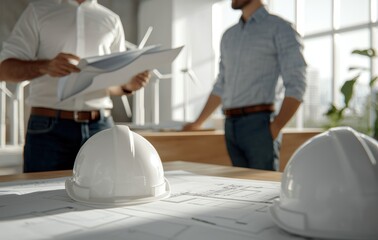 Construction Workers Reviewing Plans in Modern Office Setting