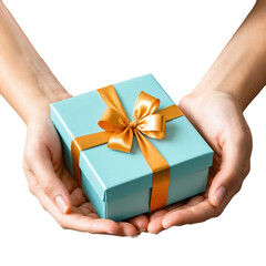 A person holds a gift box in his hands, on white background. 