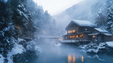 Fototapeta premium A peaceful onsen nestled in the mountains, with snow gently falling, creating a contrast between the warm steam and cool winter air. A truly serene winter retreat.