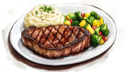 A perfectly grilled steak with beautiful grill marks, served on a white plate with a side of garlic mashed potatoes and steamed vegetables, showcasing the dish appetizing colors and textures.