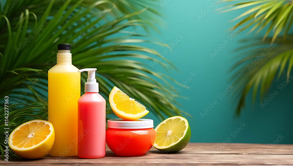 Aufkleber vibrant colors are displayed on a wooden table surrounded by palm leaves amidst a natural setting to