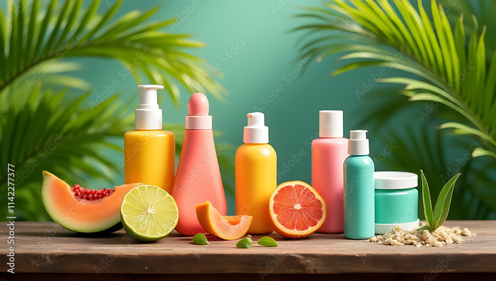 Aufkleber vibrant colors are displayed on a wooden table surrounded by palm leaves amidst a natural setting to