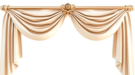 Elegant beige curtains with tieback drape holders, isolated on a clean white background