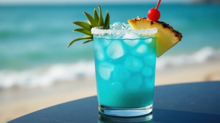 Vibrant Blue Lagoon Cocktail with Ice Cubes