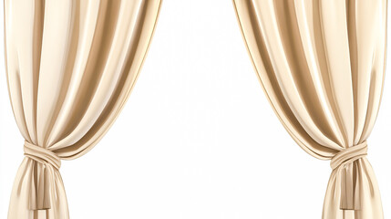 Elegant beige curtains with tieback drape holders, isolated on a clean white background