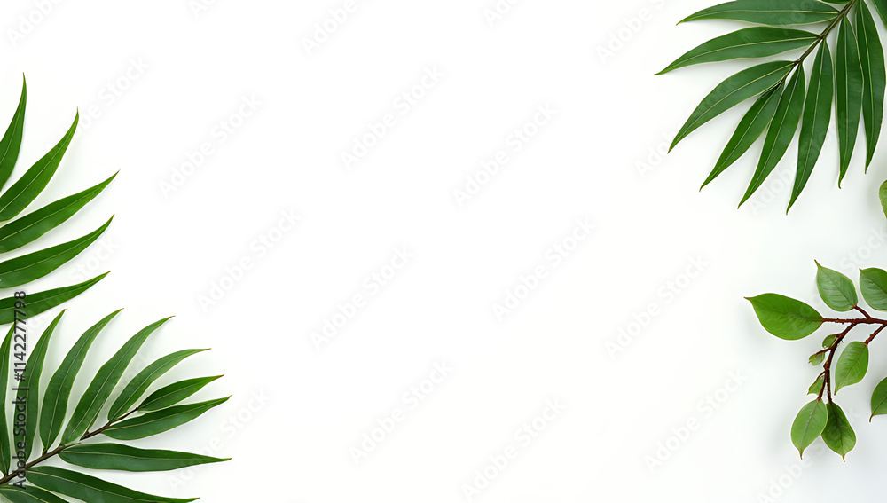 Poster tropical leaves in a flat lay design create a simple yet striking botanical nature background on pur