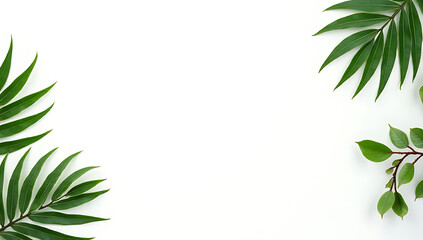 Tropical leaves in a flat lay design create a simple yet striking botanical nature background on pure white._00003_