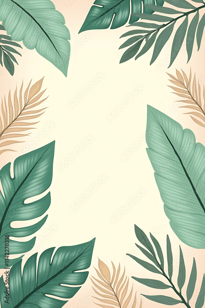 Poster tropical botanical pattern features real leaves against a soft pastel colored background in a unique