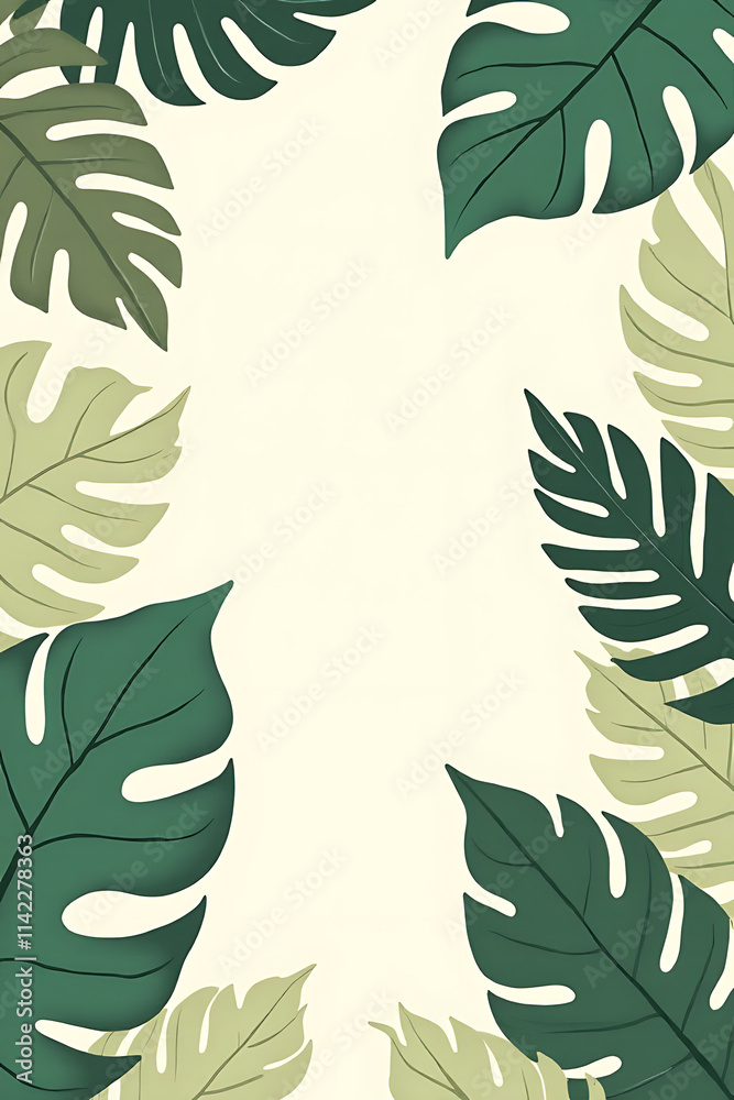 Poster tropical botanical pattern features real leaves against a soft pastel colored background in a unique