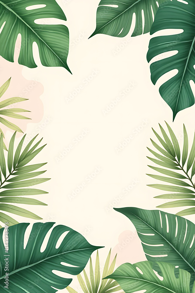 Poster tropical botanical pattern features real leaves against a soft pastel colored background in a unique