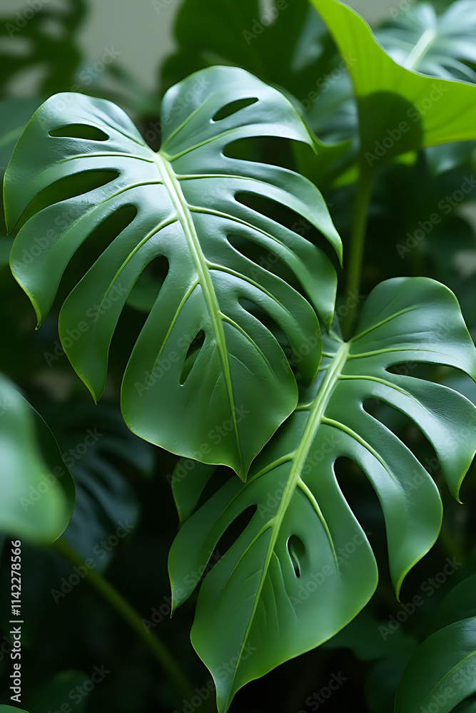 Poster tropical botanical concepts are featured with selective focus on real monstera leaves used in a deco