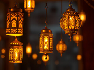Obraz premium Golden Ramadan Lanterns: Warm, inviting glow of intricately designed Moroccan lanterns hanging, casting a magical ambiance. Perfect for Ramadan, Eid, or any festive occasion.