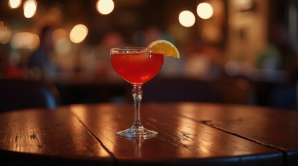 Cosmopolitan Cocktail in Coupe Glass on a Dimly Lit Table with Moti Decoration