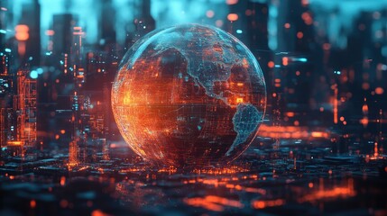 A high-tech wireframe globe with glowing hotspots symbolizing data exchange, side view, visualizing global tech infrastructure, futuristic tone, Tetradic color scheme 