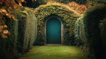 Obraz premium Secluded green door in ivy-covered archway.
