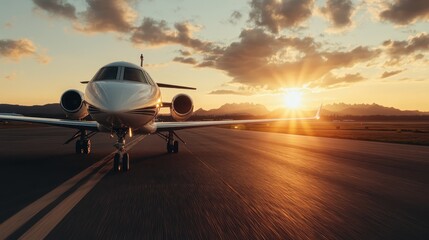 A dynamic scene of a jet taking off from the runway, with a beautiful backdrop of mountains and a golden sunset, signifying adventure and freedom.