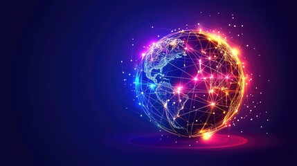 Obraz premium A high-tech wireframe globe with glowing hotspots symbolizing data exchange, side view, visualizing global tech infrastructure, futuristic tone, Tetradic color scheme 