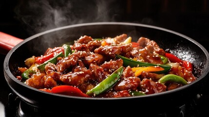 Fototapeta premium A sizzling skillet on a stovetop with vibrant vegetables and succulent pieces of meat, creating a mouth-watering stir-fry with steam rising, capturing the essence of home cooking.