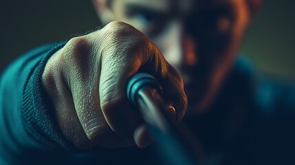 Close up of a mans hand gripping a dark object