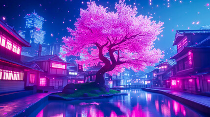 Fantasy  cityscape at night, illuminated by neon pink lights, featuring residential buildings, a massive sakura tree in full bloom, and a vibrant urban downtown atmosphere