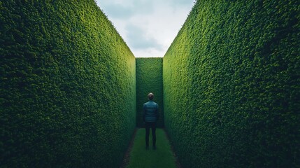 Person walking through a tall green hedge maze