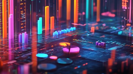 A sleek 3D financial chart with colorful bars, pie charts, and line graphs, surrounded by futuristic financial data streams on a digital dashboard.