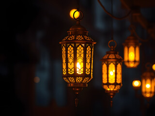Warm Glow of Ramadan Lanterns:  A string of ornate lanterns hangs in the darkness, their soft, golden light creating a serene and festive atmosphere.  Perfect for Ramadan, Eid al-Fitr.