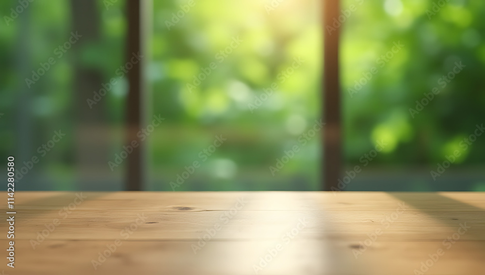 Poster the empty wooden tabletop was reflected in a blurred abstract image of a green garden outside the wi