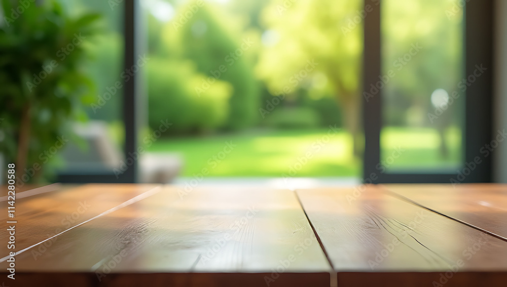 Poster the empty wooden tabletop was reflected in a blurred abstract image of a green garden outside the wi
