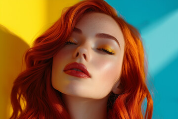 Fototapeta premium Vibrant Redhead Against Colorful Background