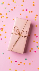 A close-up shot of a beautifully wrapped gift box with a golden ribbon bow, isolated on a textured surface with glowing confetti and soft golden light creating a festive mood