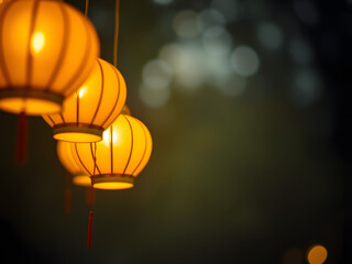 Obraz premium Glowing Lanterns: A row of traditional Chinese lanterns cast a warm glow, creating a captivating ambiance with their intricate designs and soft light. 