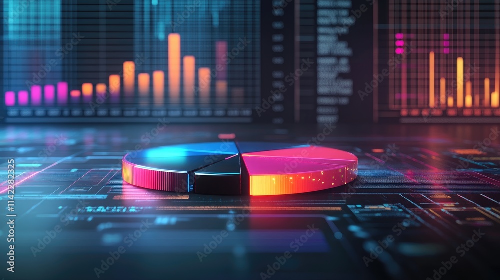 Poster a stylized 3d pie chart with metallic segments, each segment illuminated by neon lights, set against