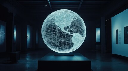 A holographic globe emitting a network of binary connections radiating outward, front view, symbolizing digital innovation and communication, cybernetic tone, Monochromatic Color Scheme 