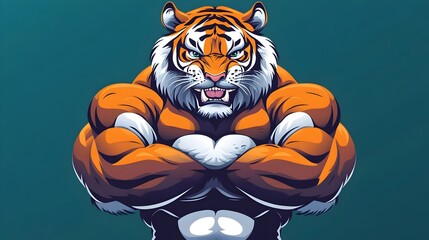 Obraz premium A muscular cartoon tiger character mascot flexing its strong muscles in flat vector illustration. Concept for logos, team mascots, branding, strength, athletic or competitive branding themes.
