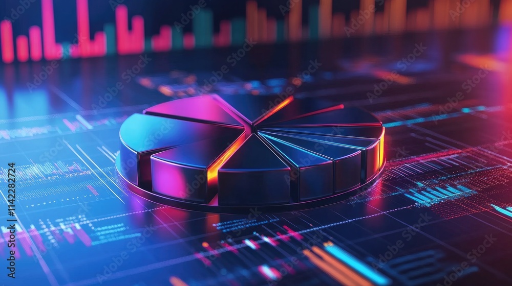 Poster a stylized 3d pie chart with metallic segments, each segment illuminated by neon lights, set against