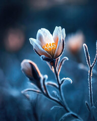 White flower on a frosty stem, captured at dusk