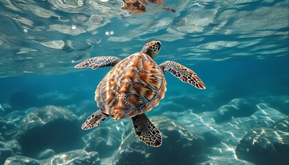 Fototapeta premium Swimming sea turtle in clear ocean water underwater photography marine environment natural habitat serene viewpoint wildlife conservation concepts