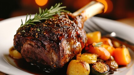 A richly flavored lamb roast presented with a vibrant array of roasted vegetables, creating a tantalizing and visually appealing gourmet dish.